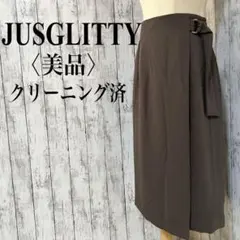 美品【ジャスグリッティー】バックル付ラップ風ミディスカート Mウエストゴム　通勤