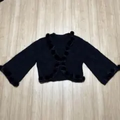 ファー付き黒カーディガン 長袖 クロップド
