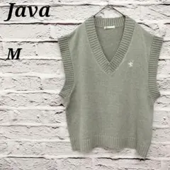 i104 ジャバ【M】ワンポイントニットベスト プルオーバー 刺繍 グレイ