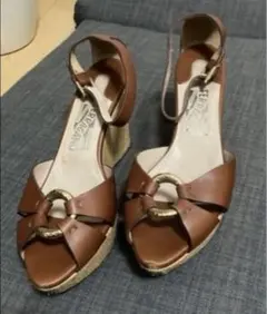 フェラガモ サンダル　ブラウン レザー オープントゥ ウェッジヒール　61/2