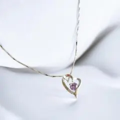 ストーン付き ハートネックレス＜パープル＞☆シンプルおしゃれ 高見えアクセサリー