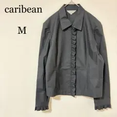 【カリビーン】ブラウス　M シャツ　立ち襟フリル 黒　羽織り　上品　美品