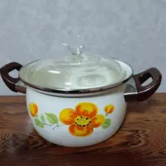 昭和レトロ　ホーロー両手鍋 ガラス蓋付き