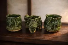 【織部焼風】緑釉陶器 三点セット 三足 花器 茶道具 和モダン