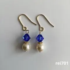 No.766 シンプル　スワロフスキー(サファイア)×パール　ピアス　イヤリング