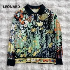 未使用級✨極美品 レオナール 半袖シャツ 花鳥プリント 黒 5部袖 S〜M