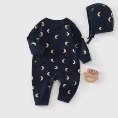 66cm【新品】月柄カバーオール&ボンネットセット　紺色　韓国　長袖　ロンパース