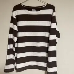 coen ブラウン・ホワイトストライプ 長袖カットソー X-LARGE