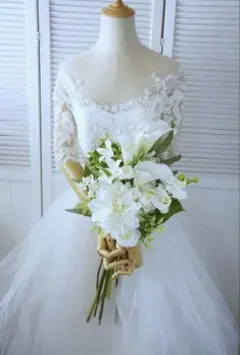 造花ブーケとブートニアセット　ホワイト　グリーン