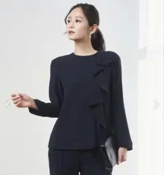 【洗える】icb ライトダブルクロス フリルデザインブラウス ネイビー　長袖秋冬のサムネイル