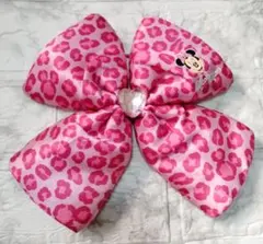 ディズニー　ミニー　ヒョウ柄　ハートビジュー付き　リボン　ヘアゴム　ピンク