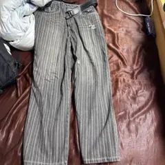 ストライプ ワイドレッグパンツ ベルト付き