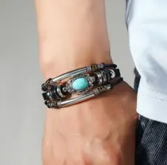 ターコイズ ブレスレット レザー 黒 アメカジ バングル ヴィンテージ