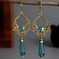 ✨ブルー ゴールド レトロ ピアス アンティーク ヴィンテージ 涙型