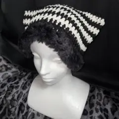 ハンドメイド 猫耳ニット帽 BLACK×White
