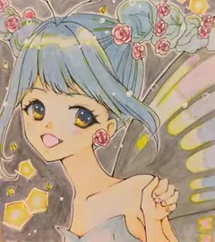 日本の女の子19　蝶々3　手描き　イラスト　アナログ　オリジナル　原画　色紙