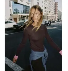 ZARA ダブルコントラストTシャツ ピンク×ブラウン Lサイズ
