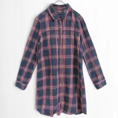 t3123【ハニーサックルローズ】チェック柄 長袖シャツチュニック 綿混 紺 M