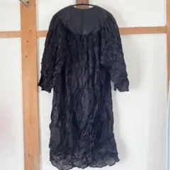 しわ加工 黒 ミディ丈 ワンピース【フリー】