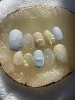 水色・ベージュ花柄ネイルチップ10個セット