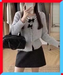 新品 襟レースニットカーディガン リボントップス ニットジャケット秋 コンパクト