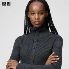 【新品】UNIQLO U メリノブレンドハイネックカーディガン グレーLサイズ