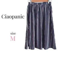 チャオパニック【M】ストライプフレアワンピース 上品 ウエスト総ゴム ネイビー