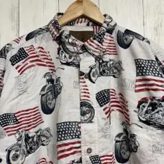 00s バイク アメリカ 国旗 星条旗 総柄 ボタンダウン 長袖 シャツ L