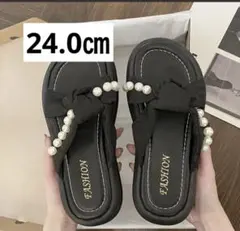 サンダル　厚底　リボン　パール　黒　ブラック　　24.0㎝　新品　可愛い
