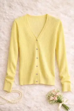 差し色レモンイエロー♡リブニット上品エレガントなカーディガン