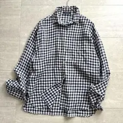 美品＊マカフィー リネン ギンガムチェック シャツ 長袖 白 黒 洗える