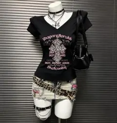 平成ギャル y2k ドクロ 英字 半袖Tシャツ グランジ ピタ お兄系 刺繍