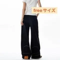 バギーパンツ デニム ストレート レッグパンツ ブラック ワイドパンツ
