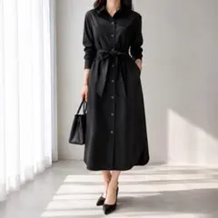 美品】ソージュ 現行モデル ロングシャツワンピース 半袖 濃紺 とろみ