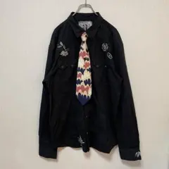 【古着】刺繍 ブラック長袖シャツ ネクタイ付き 花柄 ウエスタンシャツ