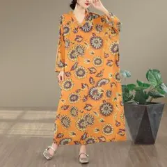 プリントワンピース レトロ オーバーサイズ V字襟 マキシ丈 体型をカバー