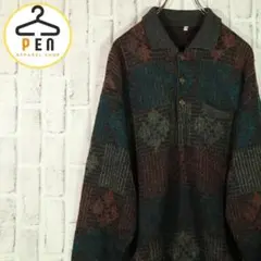 【レトロ古着】総柄ハーフボタンニットセーター 幾何学模様 おしゃれコーデ 48M