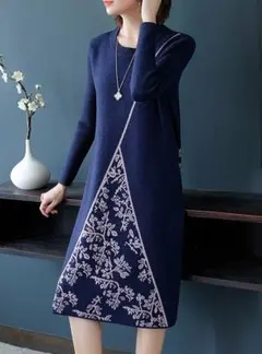 値下げXL柔らか肌触りミンクカシミヤ★暖か上品花柄切替ニットワンピ♪ブルー系XL