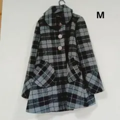 チェック柄 ウール混 コート レディース M グレー
