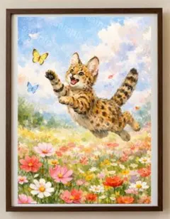 【水彩画アート】花畑を跳ねる子猫 2L版写真用紙
