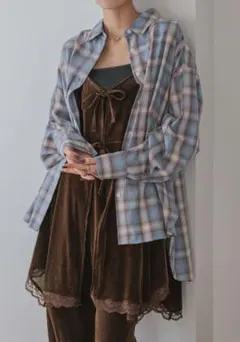 LOWRYS FARM アソートチェックBIGシャツ　ブルーオンブレチェック