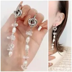 1095 シルバーフープピアス 淡水パール クリア天然石 2way お洒落