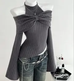 グレー オフショルダー リブニット トップス リボン