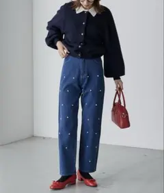 ハイウエストパールデニムパンツ パール付き デニムパンツ ブルー Sサイズのサムネイル