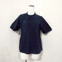 ehka sopo　ドット柄フリルネックブラウス　半袖　ネイビー　インド製
