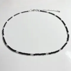 ハンドメイド ビーズネックレス ビーズチョーカー ブラック 約38cm