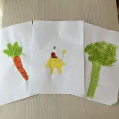 手描きイラスト プリン にんじん　ブロッコリ　3枚セット　子供の絵　5歳　女の子