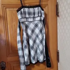 キャミワンピース　チェック　グレー×黒　Mサイズ　リボン　かわいい　秋冬春