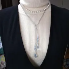 国産コットンパール&スワロフスキークリスタルラリエットネックレス