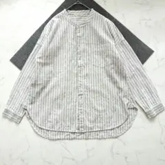 Utao ウタオリネン100%ストライプオーバーシャツ 麻Lバンドカラー 